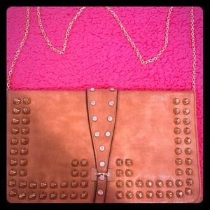 Tan embellished clutch with detachable gold chain